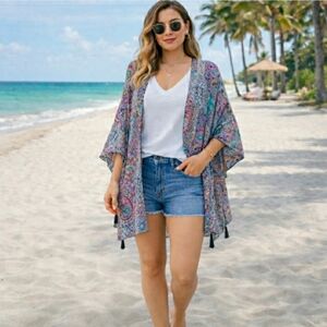 Kimono Boho Top Swim Cover Up Tassel 2X 💜 NEW